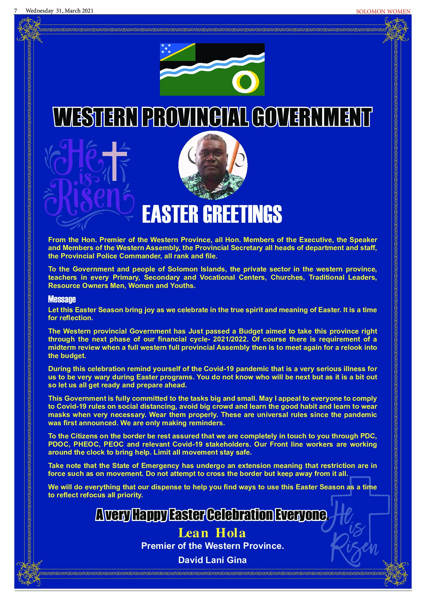 Western Province:  Hon. Premier 2021 Easter Message