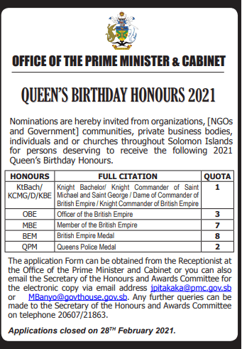 PMO: Queens Birthday Honour