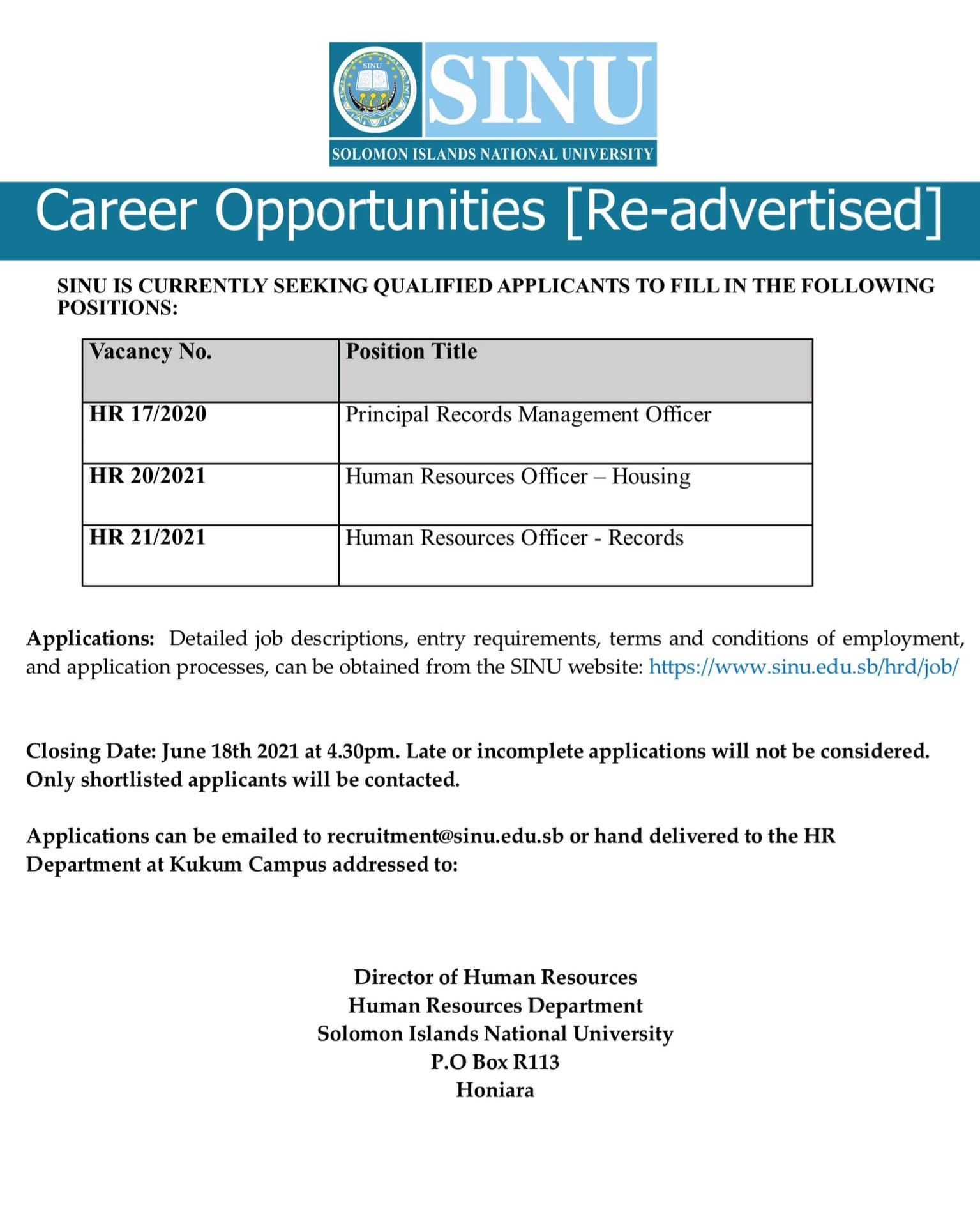 SINU – Vacancy ( Career Opportunity