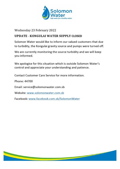 Solomon Water : KONGULAI WATER SUPPLY CLOSED
