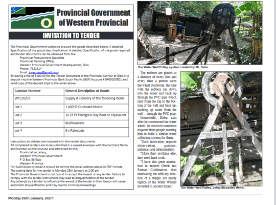 Western Provincial Government: Environment Solomon Media Issue: 101021- Invitation to Tender