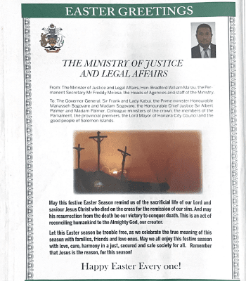 The Ministry of Justice and Legal Affairs: 2017 SWN Issue 17089 – Easter Greetings