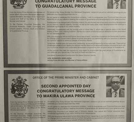 Office of the Prime Minister and Cabinet:SWN 16068 August 2016:  Second Appointed Day Congratulatory Message to Makira Ulawa Province