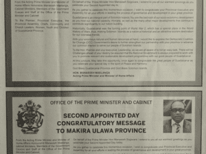 Office of Prime Minister and Cabinet:SWN 16068 August 2016:  Second Appointed Day Congratulatory Message to Guadalcanal Province