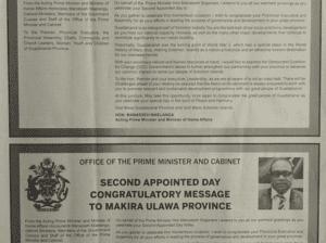 Office of Prime Minister and Cabinet:SWN 16068 August 2016:  Second Appointed Day Congratulatory Message to Guadalcanal Province