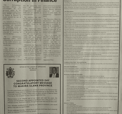 The Office of the Leader of Opposition:SWN 16068 August 2016: – Second Appointed day Congradulatory Message to Makira Ulawa Province