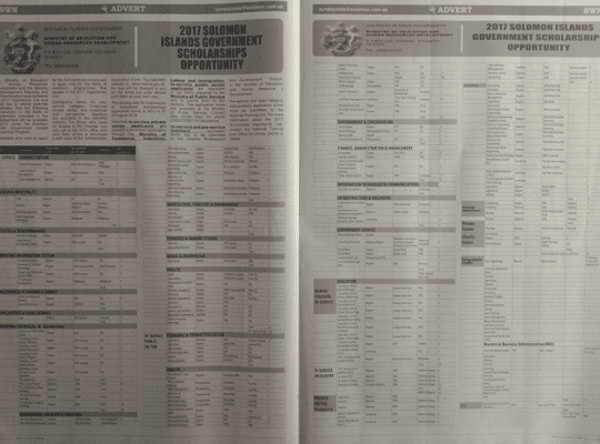 Ministry of Education and Human Resources Development SWN 16062 June 2016:  2017 Solomon Islands Government Scholarships Opportunity