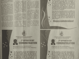 Ministry of Provincial Government and Institue Strengthening:SWN 16068 August 2016: 2nd Appointed Congratulation Message to the Government and People of Malaita Province
