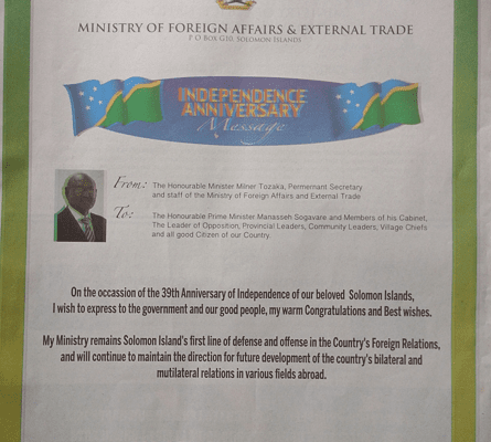 Ministry of Foreign Affairs and External Trade – Independence Anniversary Message – Happy Celebration Solomon Islands and God Bless Our Country: (SIN 17367 July 2017)
