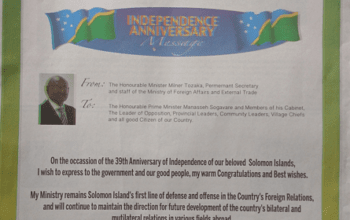 Ministry of Foreign Affairs and External Trade – Independence Anniversary Message – Happy Celebration Solomon Islands and God Bless Our Country: (SIN 17367 July 2017)