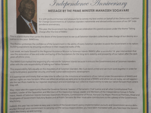 Office of the Prime Minister and Cabinet – Independence Anniversary Message by the Prime Minister Manasseh Sogavare – Happy 39th Independence Celebrations Solomon Islands. May God Bless Our Nation from Shore to Shore!