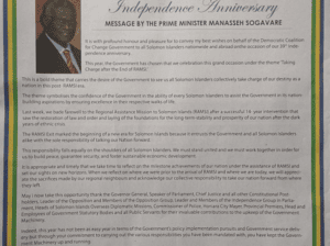 Office of the Prime Minister and Cabinet – Independence Anniversary Message by the Prime Minister Manasseh Sogavare – Happy 39th Independence Celebrations Solomon Islands. May God Bless Our Nation from Shore to Shore!