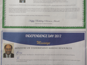 Ministry of Fisheries and Marine Resources – Independence Day 2017 Message – Happy Birthday Solomon Islands: (SIN 17367 July 2017)