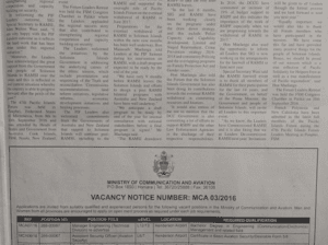Ministry of Communication and Aviation: SWN 16073 September 2016: Vacancy Notice Number: MCA 03/2016