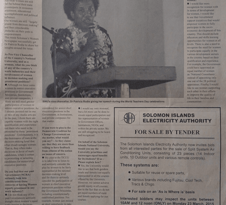 Solomon Islands Electricity Authority:SWN 15007  – For Sale by Tender