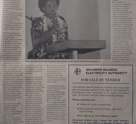Solomon Islands Electricity Authority:SWN 15007  – For Sale by Tender