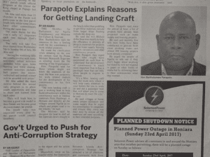 Solomon Power: SIN 17359 April 2017:  – Planned Shutdown Notice – Planned Power Outage in Honiara (Sunday 23rd April 2017)
