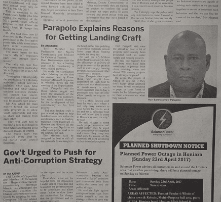 Solomon Power: SIN 17359 April 2017:  – Planned Shutdown Notice – Planned Power Outage in Honiara (Sunday 23rd April 2017)