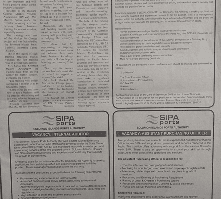 Solomon Islands Ports Authority:SWN 16073 September 2016: SIPA Ports – Vacancy: Internal Auditor