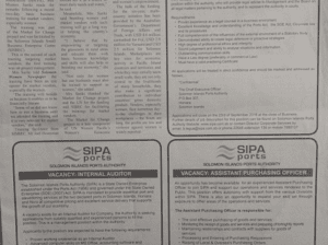 Solomon Islands Ports Authority:SWN 16073 September 2016: SIPA Ports – Vacancy: Internal Auditor