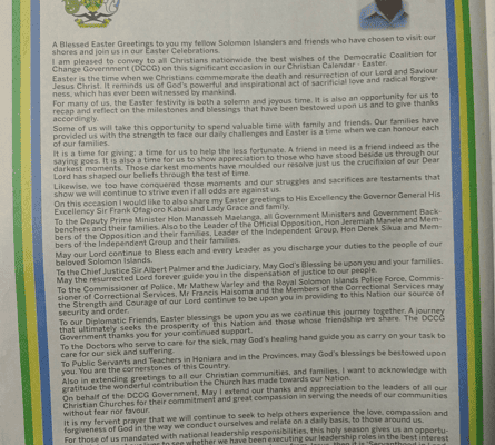 PMO: SIN 17359 April 2017: Easter Greetings by the Prime Minister, Hon Manasseh Damukana Sogavare MP