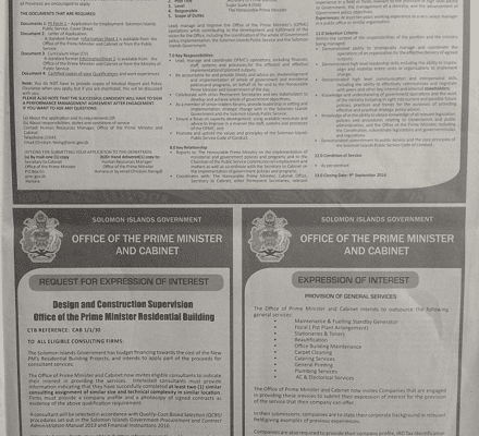 Office of Prime Minister and Cabinet; SWN 16070 August 2016: – Request for Expression of Interest – Design and Construction Supervision Office of the Prime Minister Residential Building