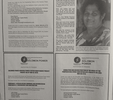 Solomon Power – Invitation to Tender – Civil Works for SIEA, Residential Area Subdivision Henderson Site- Project No. SIEA-HEN-GCL-0716: (SWN 16066 July 2016)