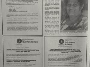 Solomon Power – Invitation to Tender – Solomon Power Honiara Power Station Maintenance Project -Project No.SP-HON-GE-0616