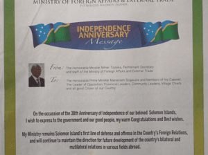 Ministry of Foreign Affairs and External Trade – Independence Anniversary Message – Happy Celebration Solomon Islands and God Bless Our Country: (SWN 16065 July 2016)