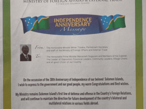 Ministry of Foreign Affairs and External Trade – Independence Anniversary Message – Happy Celebration Solomon Islands and God Bless Our Country: (SWN 16065 July 2016)
