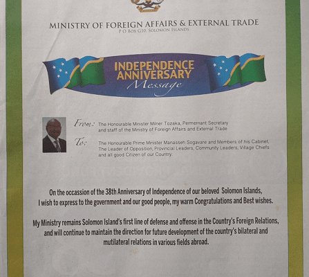 Ministry of Foreign Affairs and External Trade – Independence Anniversary Message – Happy Celebration Solomon Islands and God Bless Our Country: (SWN 16065 July 2016)
