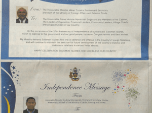 Ministry of Lands, Housing and Survey – Independence Message – Enjoy Peace and Stability Solomon Islands and May God Bless Our Nation: (SWN 15021 July 2015)