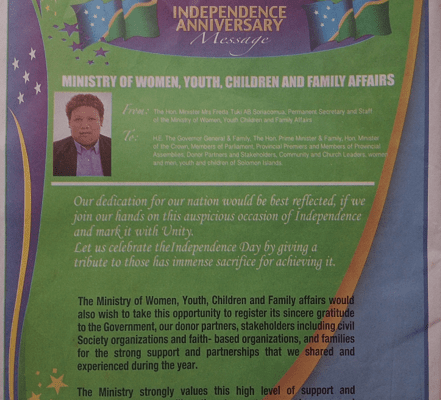 Ministry of Women, Youth, Children and Family Affairs – Independence Anniversary Message – Happy Celebration Solomon Islands and God Bless Our Country: (SWN 16065 July 2016)