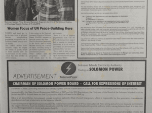 Solomon Power – Advertisement – Chairman of Solomon Power Board – Call for Expression of Interest: (SWN 16066 July 2016)