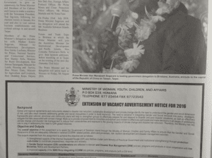 Ministry of Women, Youth, Children and Family Affairs – Extension of Vacancy Advertisement Notice for 2016: (SWN 16066 July 2016)