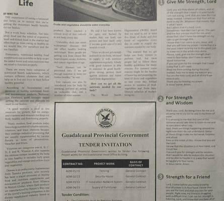 Guadalcanal Provincial Government – Tender Invitation: (SWN 15021 July 2015)