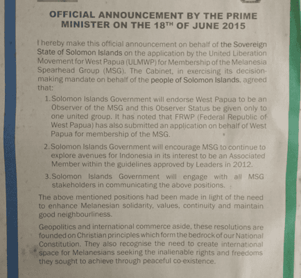 The Prime Minister – Official Announcement on the 18th of June 2015 – Hon Manasseh. D. Sogavare MP:SIN 272 June 2015