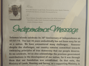 Ministry of Lands, Housing and Survey – Independence Message: SIN 225 July 2014