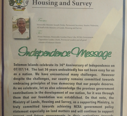 Ministry of Lands, Housing and Survey – Independence Message: SIN 225 July 2014