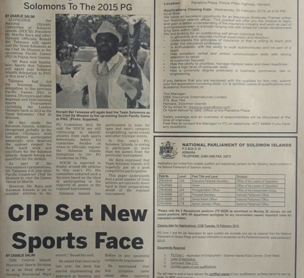 National Parliament of Solomon Islands: Vacancies -SIN 253 February 2015