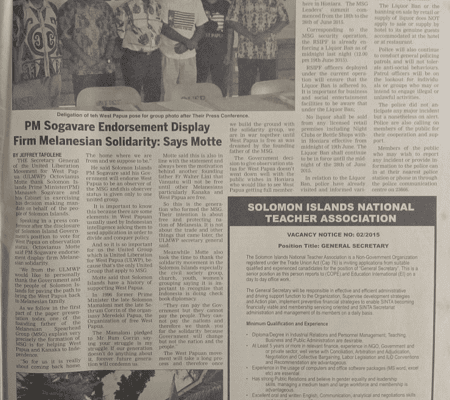 Solomon Islnds National Teacher Association – Vacancy Notice No: 02/2015 – Position Title: General Secretary: SIN 272 June 2015