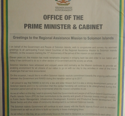 The Office of the Prime Minister and Cabinet – Greetings to the Regional Assistant Mission to Solomon Islands: SIN 227 July 2014