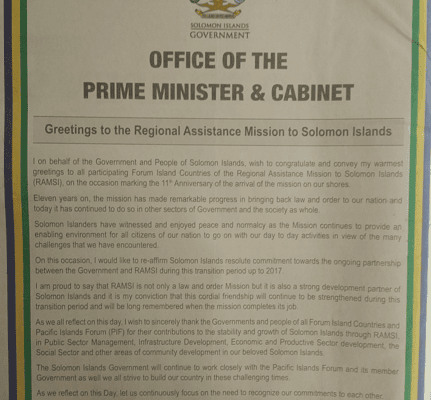 The Office of the Prime Minister and Cabinet – Greetings to the Regional Assistant Mission to Solomon Islands: SIN 227 July 2014