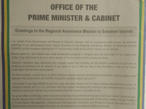 The Office of the Prime Minister and Cabinet – Greetings to the Regional Assistant Mission to Solomon Islands: SIN 227 July 2014