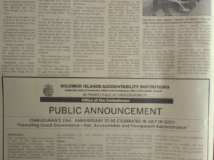 Solomon Islands Accountability Institutions –   Promote Public Sector Accountability – Public Notice: SIN 220 June 2014