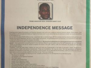 The Office of the Prime Minister Solomon Islands Government – Prime Minister Hon. Gordon Darcy Lilo – Independence Message: SIN 225 July 2014