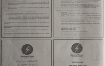 SolomonPower – Tariff Adjustments 1st Quarter 2016: SWN 15044 December 2015