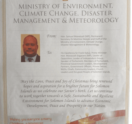 Ministry of Environment, Climate Change, Disaster Management and Meteorology – Christmas Message: SWN 15044 December 2015
