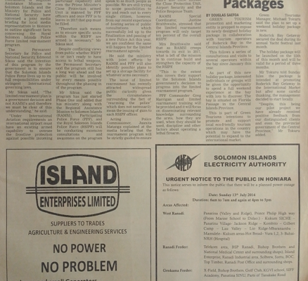 Solomon Power: (SIEA) – Urgent Notice to the Public in Honiara: SIN 225 July 2014