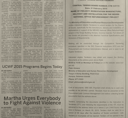 Ministry of Education and Human Resources Development – Workstation Manufacture, Delivery and Installation for MEHRD National Office: SIN 253 February 2015